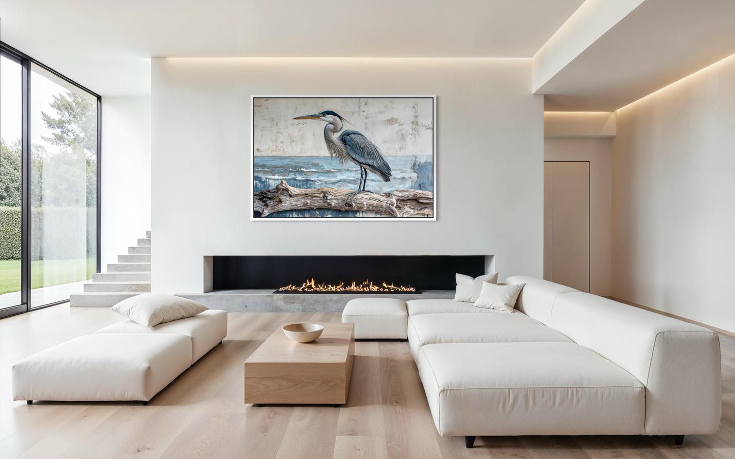 Coastal Heron On Driftwood Wall Art – Canvas Print | Serene Bird Artwork for Lake House Decor