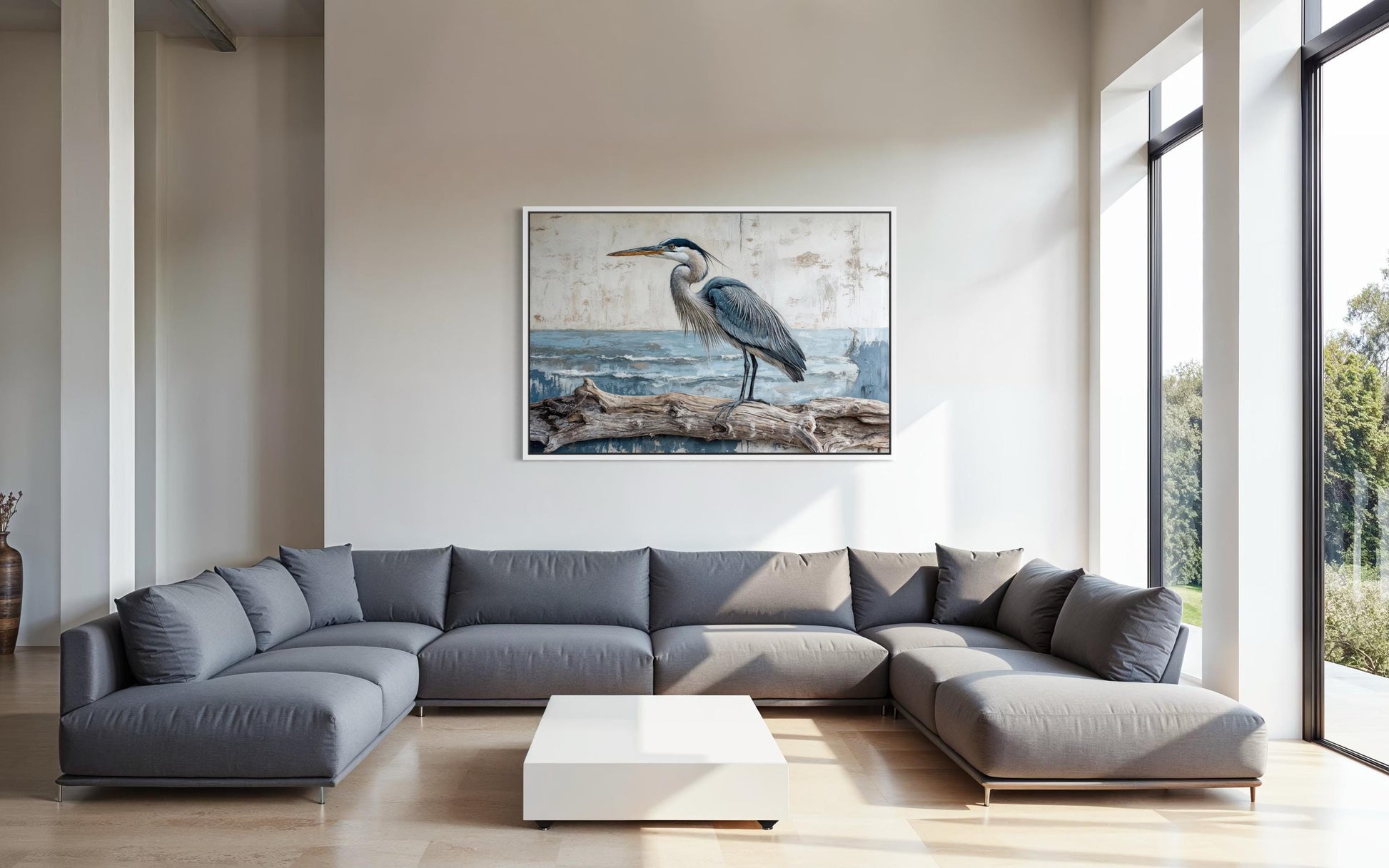 Coastal Heron On Driftwood Wall Art – Canvas Print | Serene Bird Artwork for Lake House Decor