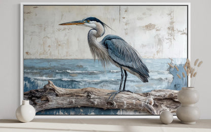 Coastal Heron On Driftwood Wall Art – Canvas Print | Serene Bird Artwork for Lake House Decor