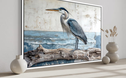 Coastal Heron On Driftwood Wall Art – Canvas Print | Serene Bird Artwork for Lake House Decor