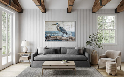Coastal Heron On Driftwood Wall Art – Canvas Print | Serene Bird Artwork for Lake House Decor