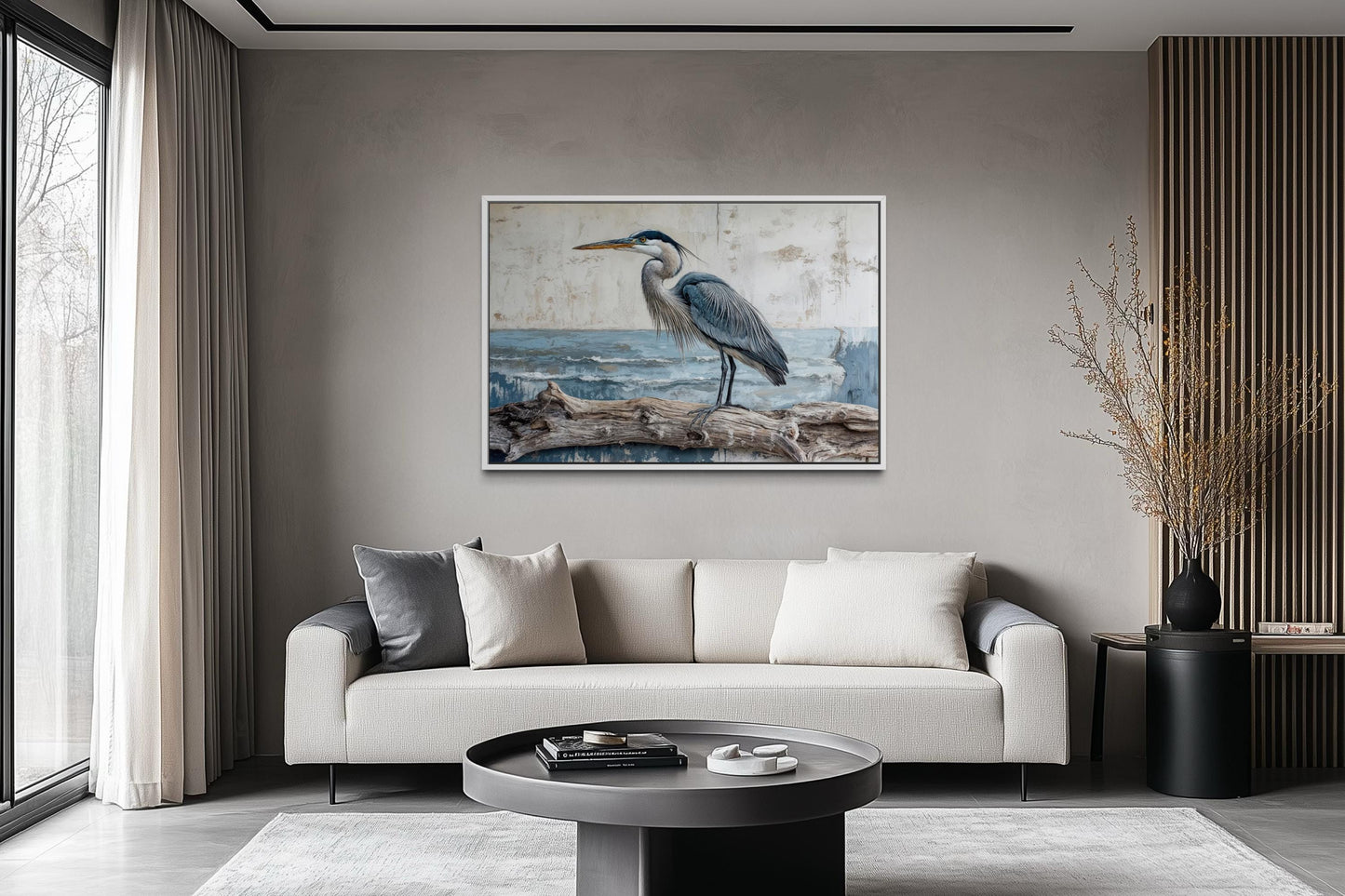 Coastal Heron On Driftwood Wall Art – Canvas Print | Serene Bird Artwork for Lake House Decor