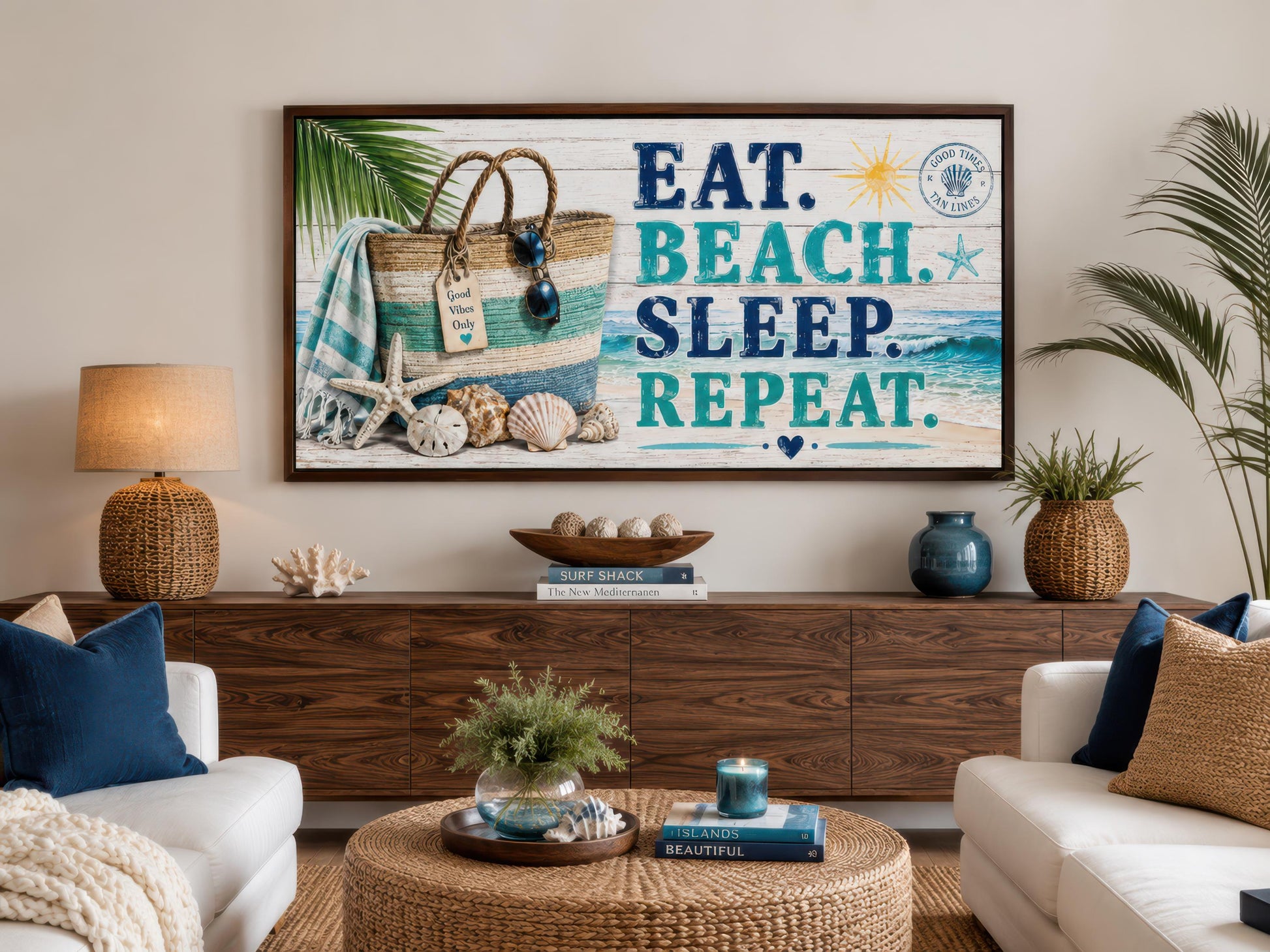 Coastal Wall Art – Eat Beach Sleep Repeat Sign Canvas Print | Beach House Decor