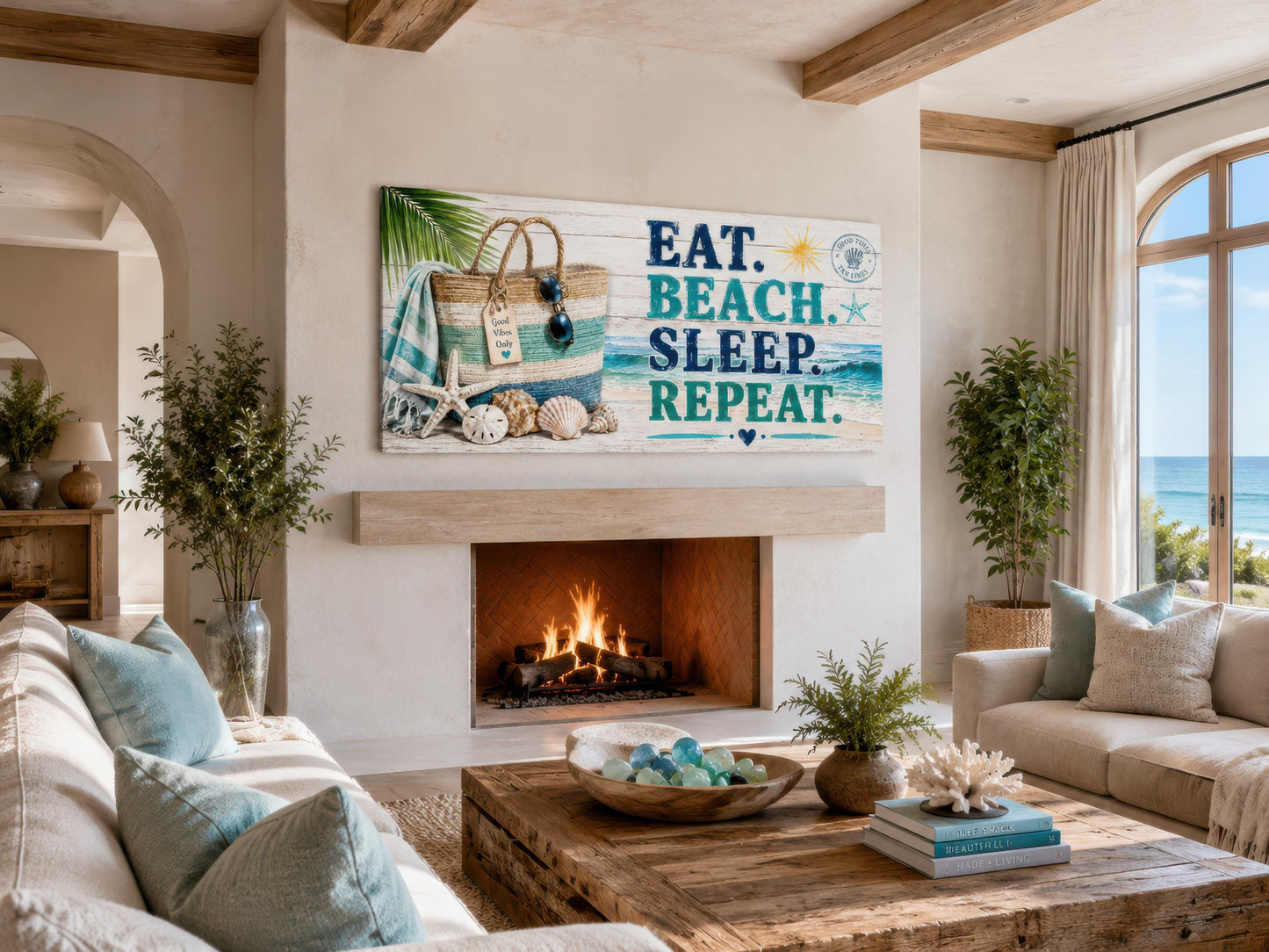 Coastal Wall Art – Eat Beach Sleep Repeat Sign Canvas Print | Beach House Decor