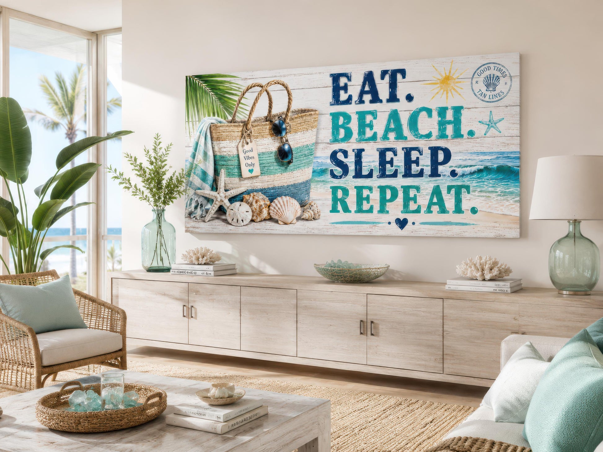 Coastal Wall Art – Eat Beach Sleep Repeat Sign Canvas Print | Beach House Decor