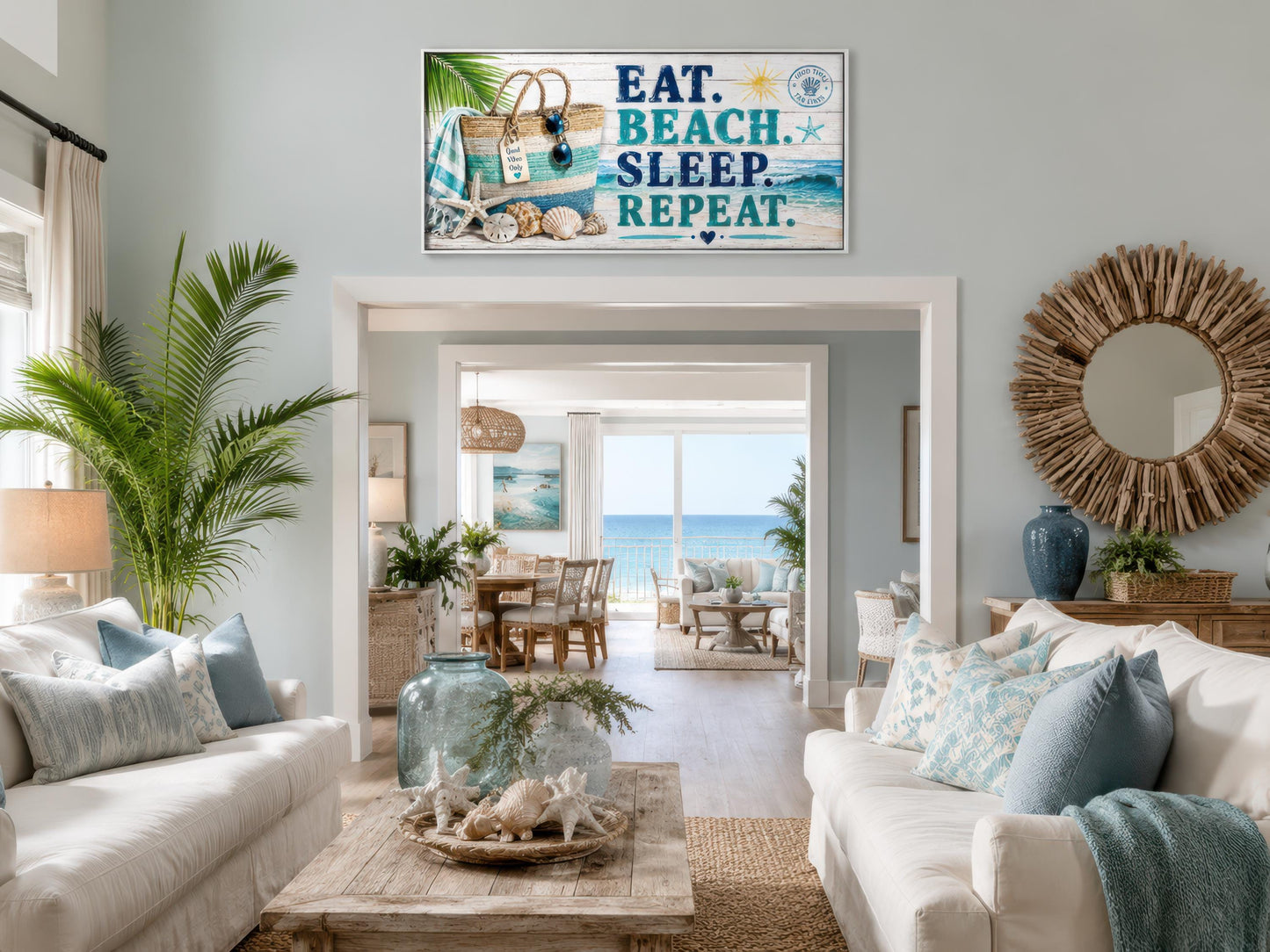 Coastal Wall Art – Eat Beach Sleep Repeat Sign Canvas Print | Beach House Decor