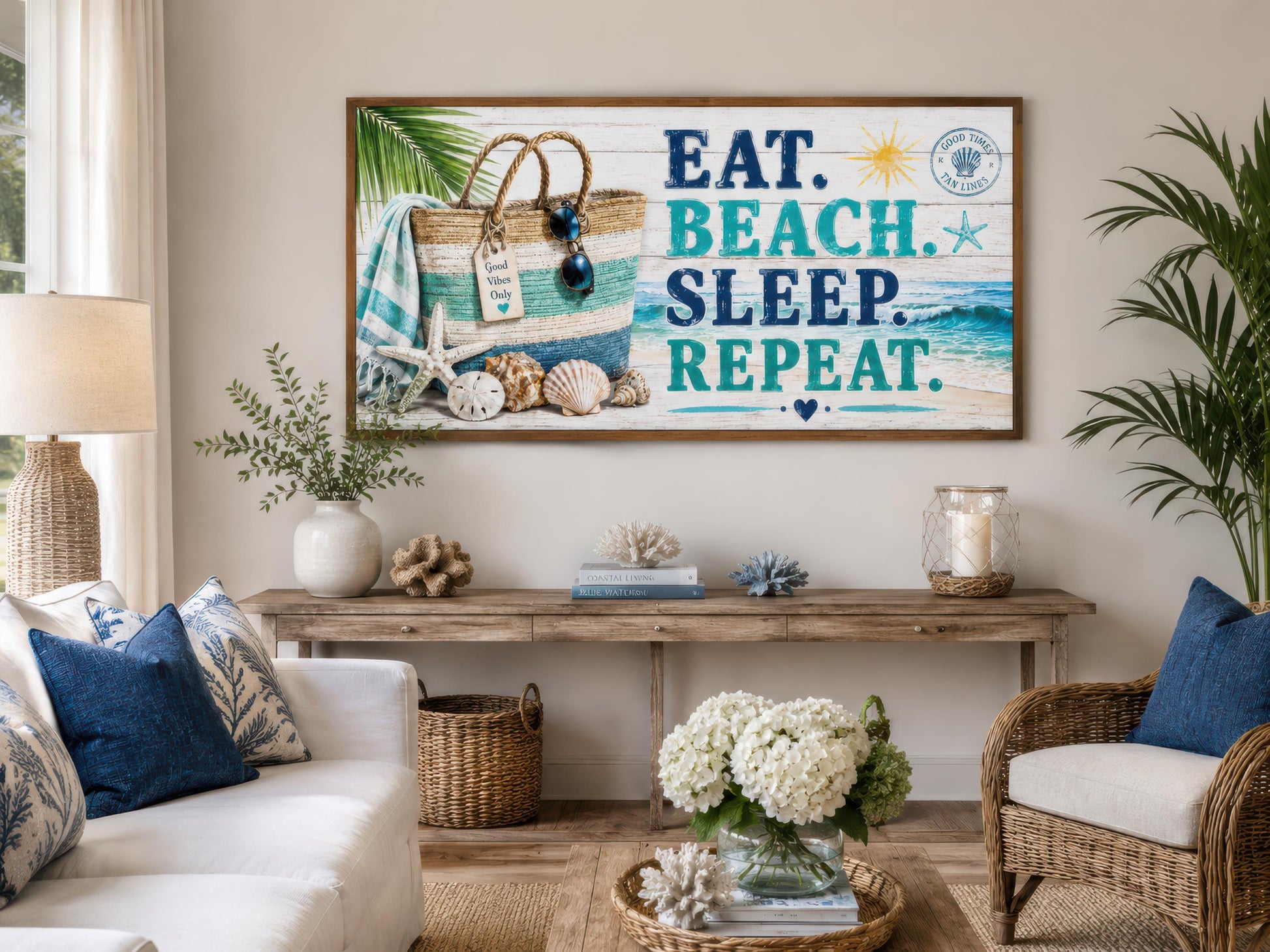 Coastal Wall Art – Eat Beach Sleep Repeat Sign Canvas Print | Beach House Decor