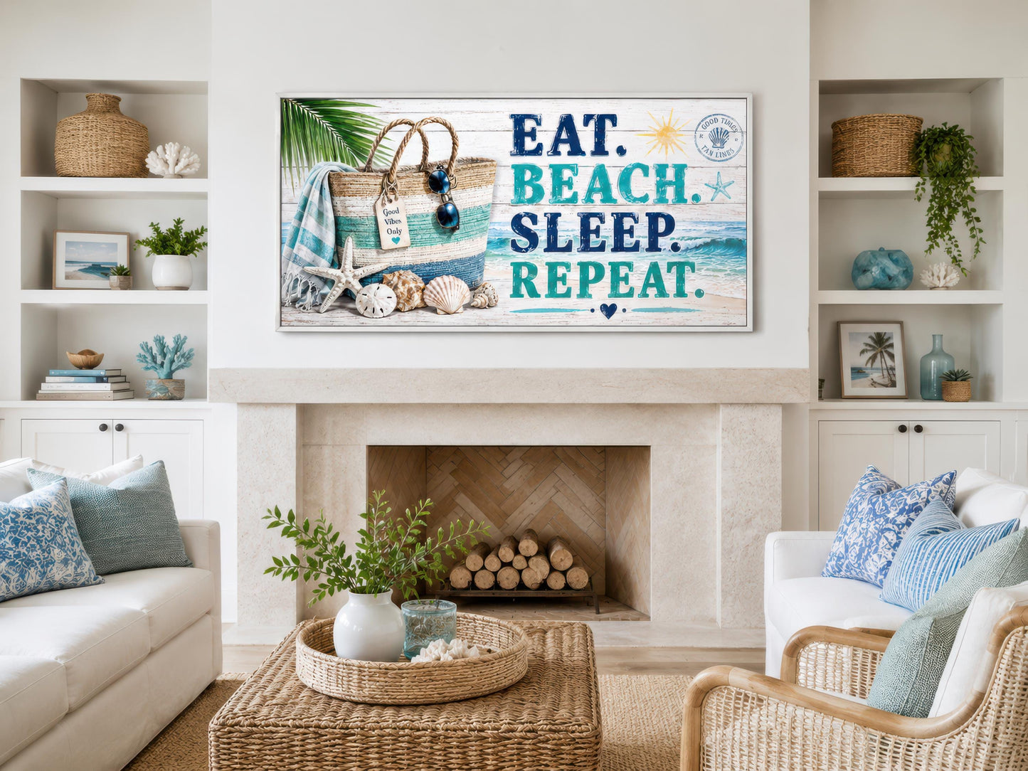 Coastal Wall Art – Eat Beach Sleep Repeat Sign Canvas Print | Beach House Decor