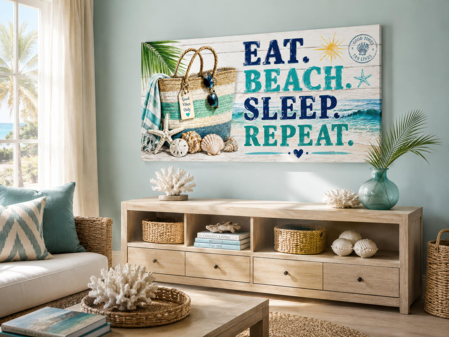 Coastal Wall Art – Eat Beach Sleep Repeat Sign Canvas Print | Beach House Decor