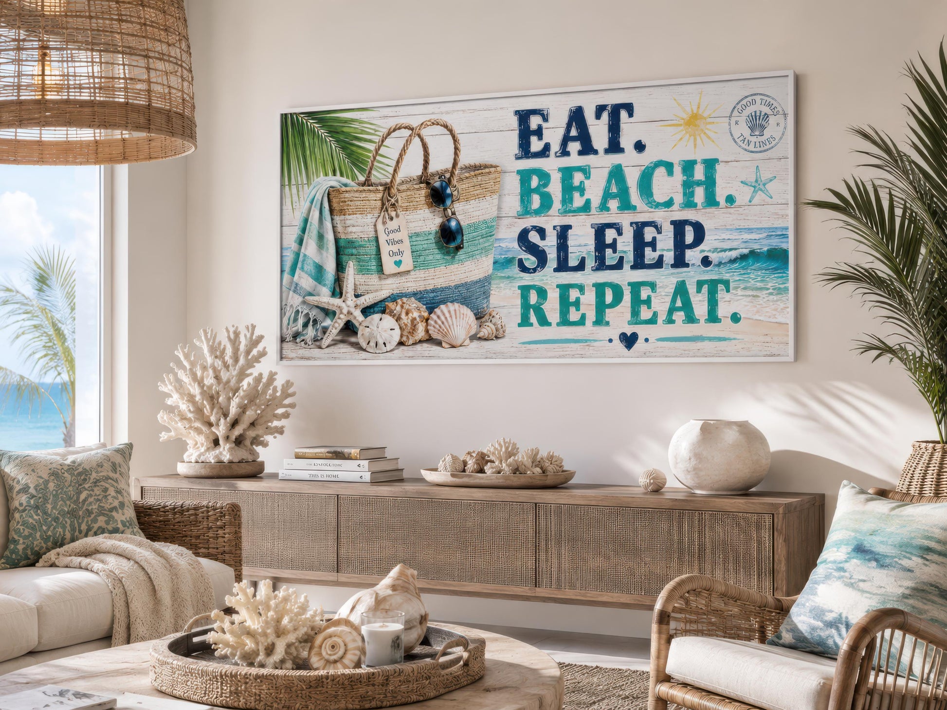 Coastal Wall Art – Eat Beach Sleep Repeat Sign Canvas Print | Beach House Decor