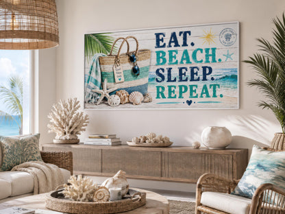 Coastal Wall Art – Eat Beach Sleep Repeat Sign Canvas Print | Beach House Decor