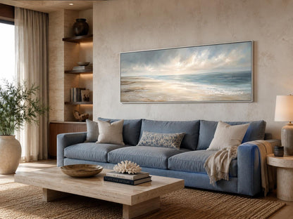 Coastal Wall Art - Long Horizontal Ocean Seascape Canvas with Soft Clouds and Gentle Waves