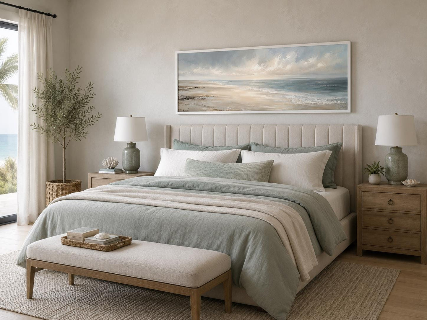 Coastal Wall Art - Long Horizontal Ocean Seascape Canvas with Soft Clouds and Gentle Waves