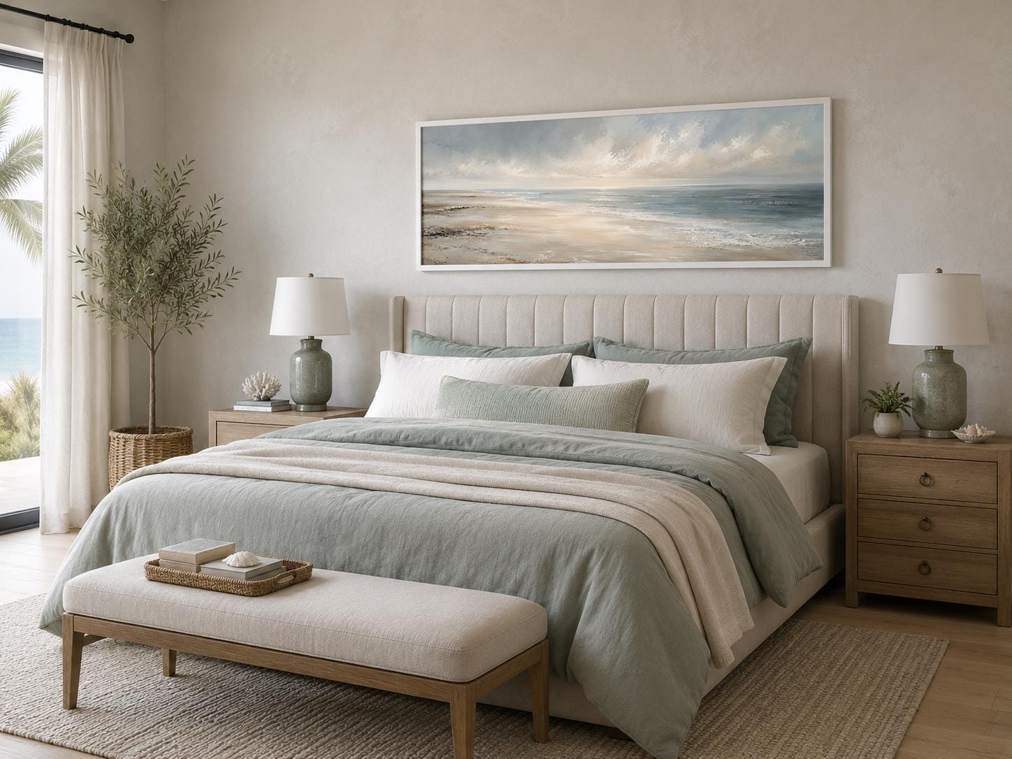 Coastal Wall Art - Long Horizontal Ocean Seascape Canvas with Soft Clouds and Gentle Waves