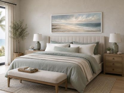 Coastal Wall Art - Long Horizontal Ocean Seascape Canvas with Soft Clouds and Gentle Waves