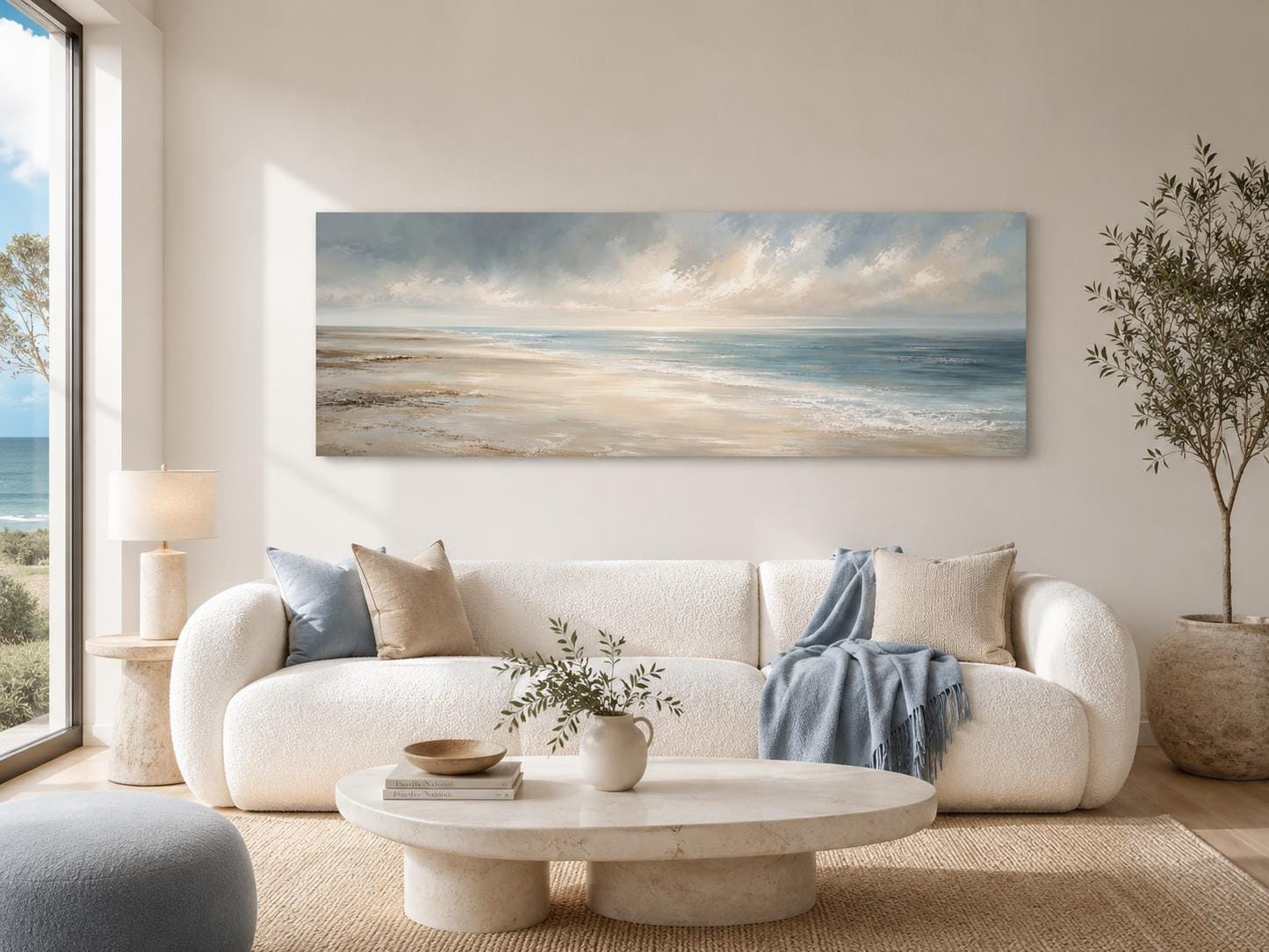 Coastal Wall Art - Long Horizontal Ocean Seascape Canvas with Soft Clouds and Gentle Waves