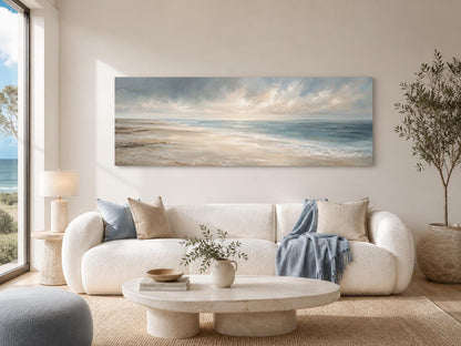 Coastal Wall Art - Long Horizontal Ocean Seascape Canvas with Soft Clouds and Gentle Waves