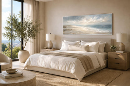 Coastal Wall Art - Long Horizontal Ocean Seascape Canvas with Soft Clouds and Gentle Waves