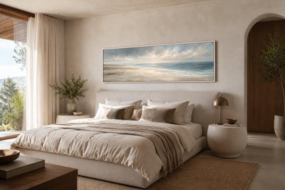 Coastal Wall Art - Long Horizontal Ocean Seascape Canvas with Soft Clouds and Gentle Waves