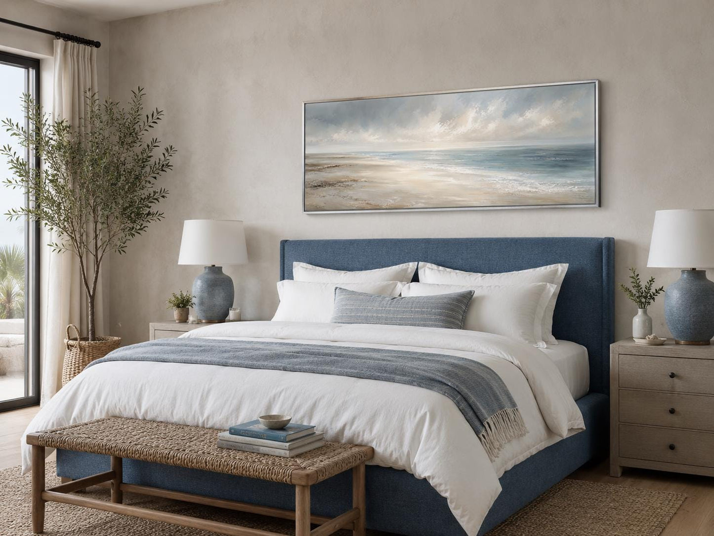 Coastal Wall Art - Long Horizontal Ocean Seascape Canvas with Soft Clouds and Gentle Waves
