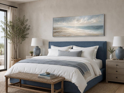 Coastal Wall Art - Long Horizontal Ocean Seascape Canvas with Soft Clouds and Gentle Waves