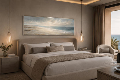 Coastal Wall Art - Long Horizontal Ocean Seascape Canvas with Soft Clouds and Gentle Waves