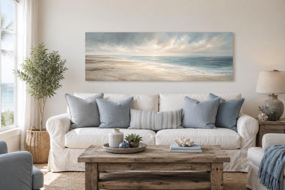 Coastal Wall Art - Long Horizontal Ocean Seascape Canvas with Soft Clouds and Gentle Waves