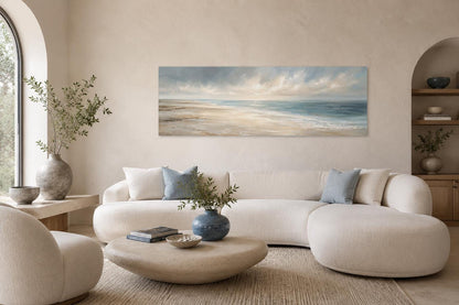 Coastal Wall Art - Long Horizontal Ocean Seascape Canvas with Soft Clouds and Gentle Waves