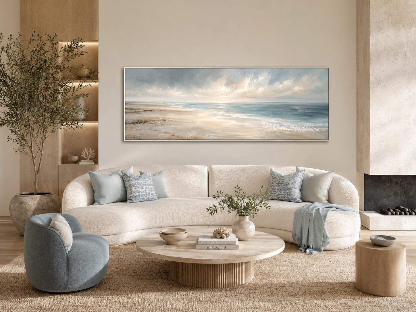 Coastal Wall Art - Long Horizontal Ocean Seascape Canvas with Soft Clouds and Gentle Waves