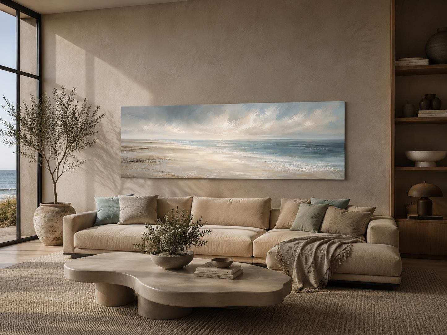 Coastal Wall Art - Long Horizontal Ocean Seascape Canvas with Soft Clouds and Gentle Waves