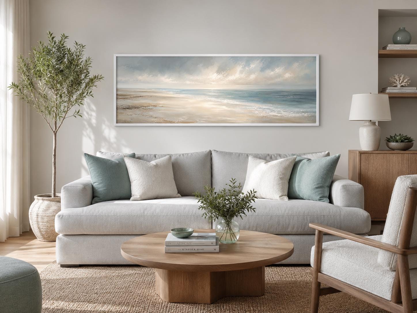 Coastal Wall Art - Long Horizontal Ocean Seascape Canvas with Soft Clouds and Gentle Waves