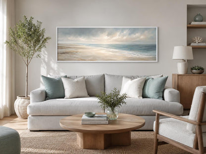Coastal Wall Art - Long Horizontal Ocean Seascape Canvas with Soft Clouds and Gentle Waves