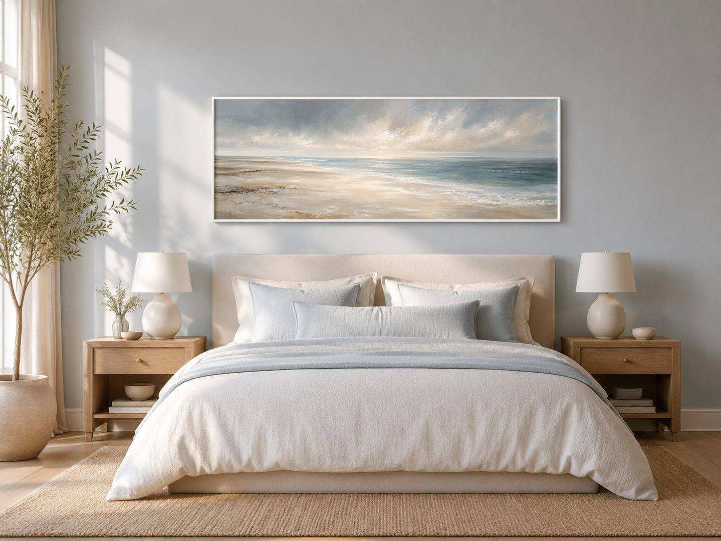 Coastal Wall Art - Long Horizontal Ocean Seascape Canvas with Soft Clouds and Gentle Waves