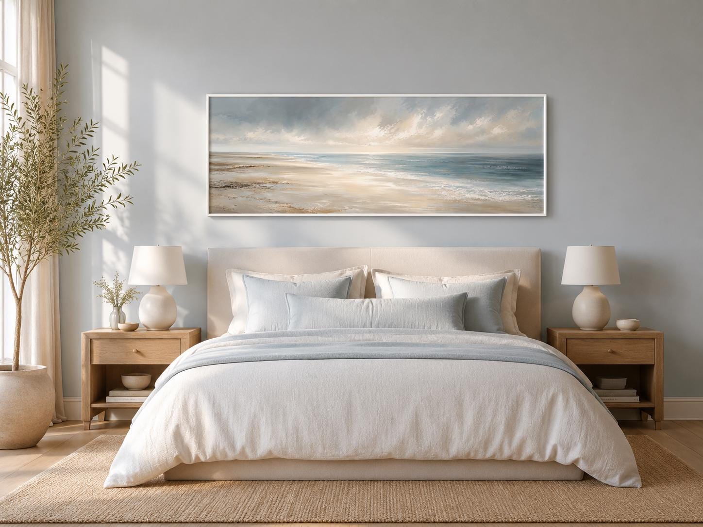 Coastal Wall Art - Long Horizontal Ocean Seascape Canvas with Soft Clouds and Gentle Waves