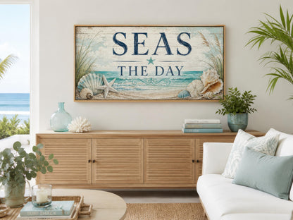 Coastal Wall Art – Seas the Day Canvas Print with Starfish & Seashells for Beach House Decor