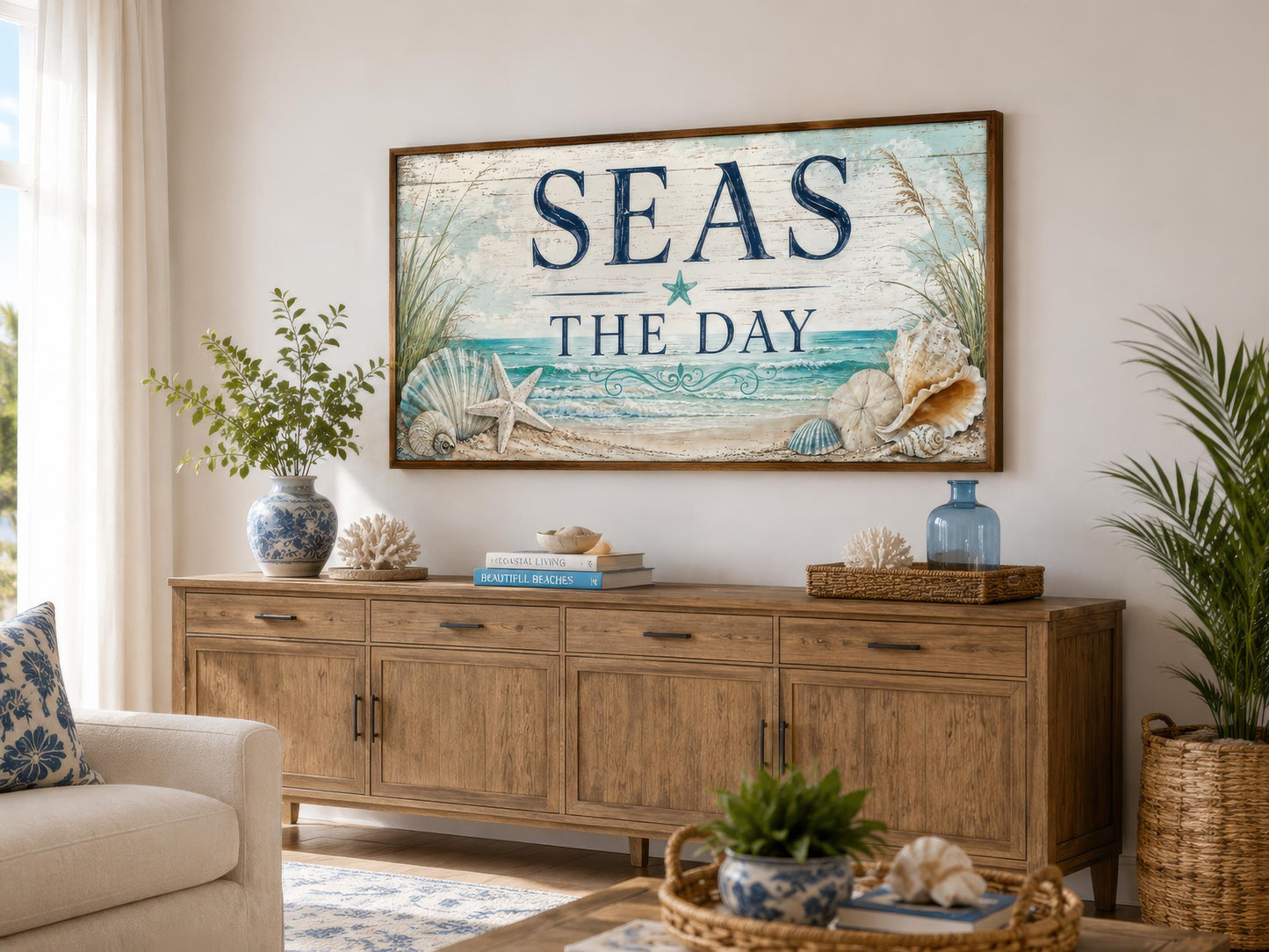 Coastal Wall Art – Seas the Day Canvas Print with Starfish & Seashells for Beach House Decor