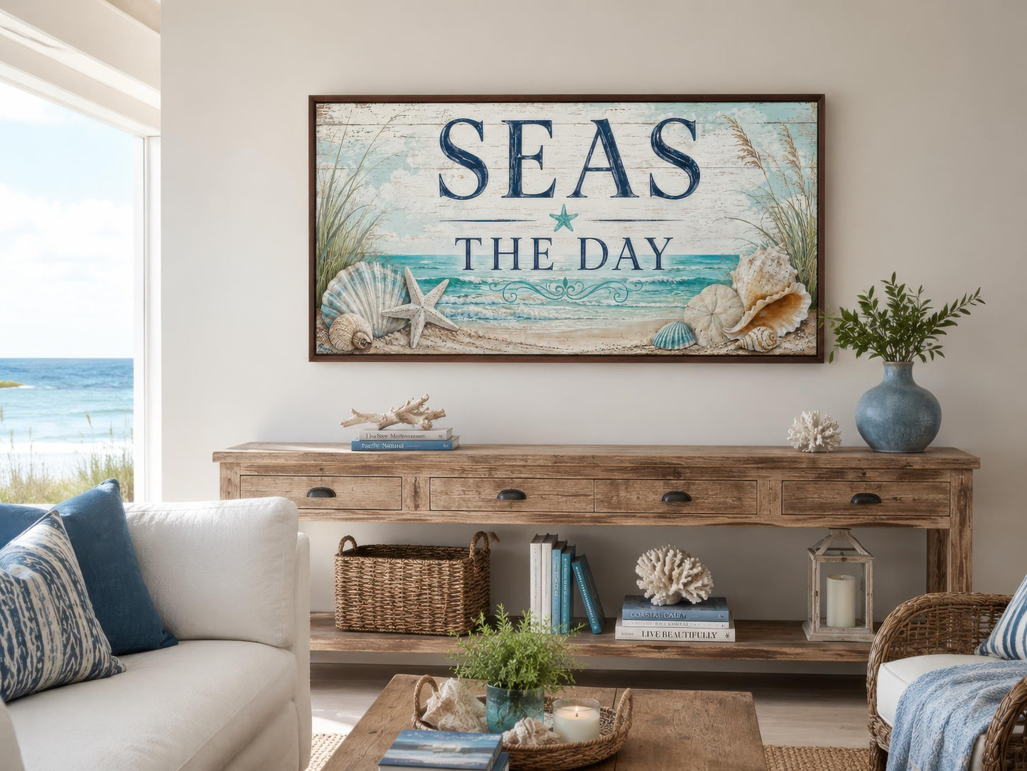 Coastal Wall Art – Seas the Day Canvas Print with Starfish & Seashells for Beach House Decor