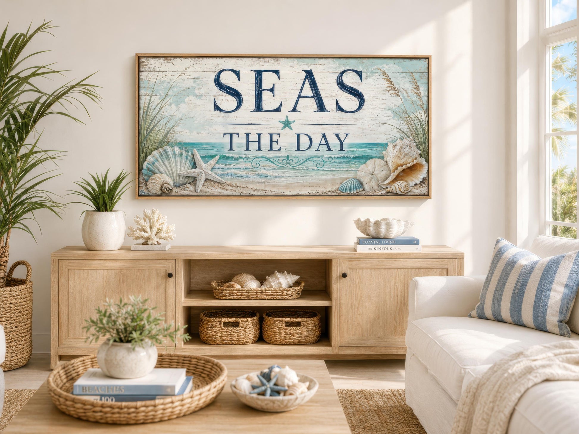 Coastal Wall Art – Seas the Day Canvas Print with Starfish & Seashells for Beach House Decor