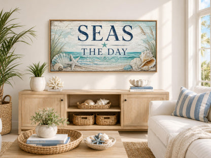 Coastal Wall Art – Seas the Day Canvas Print with Starfish & Seashells for Beach House Decor