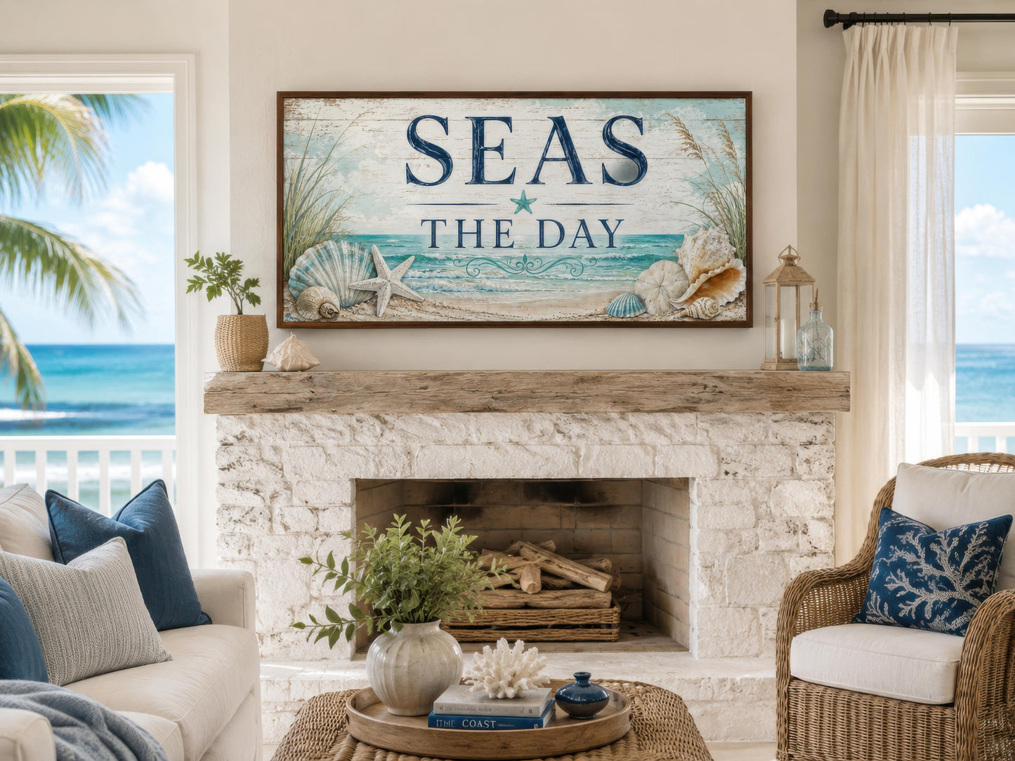 Coastal Wall Art – Seas the Day Canvas Print with Starfish & Seashells for Beach House Decor