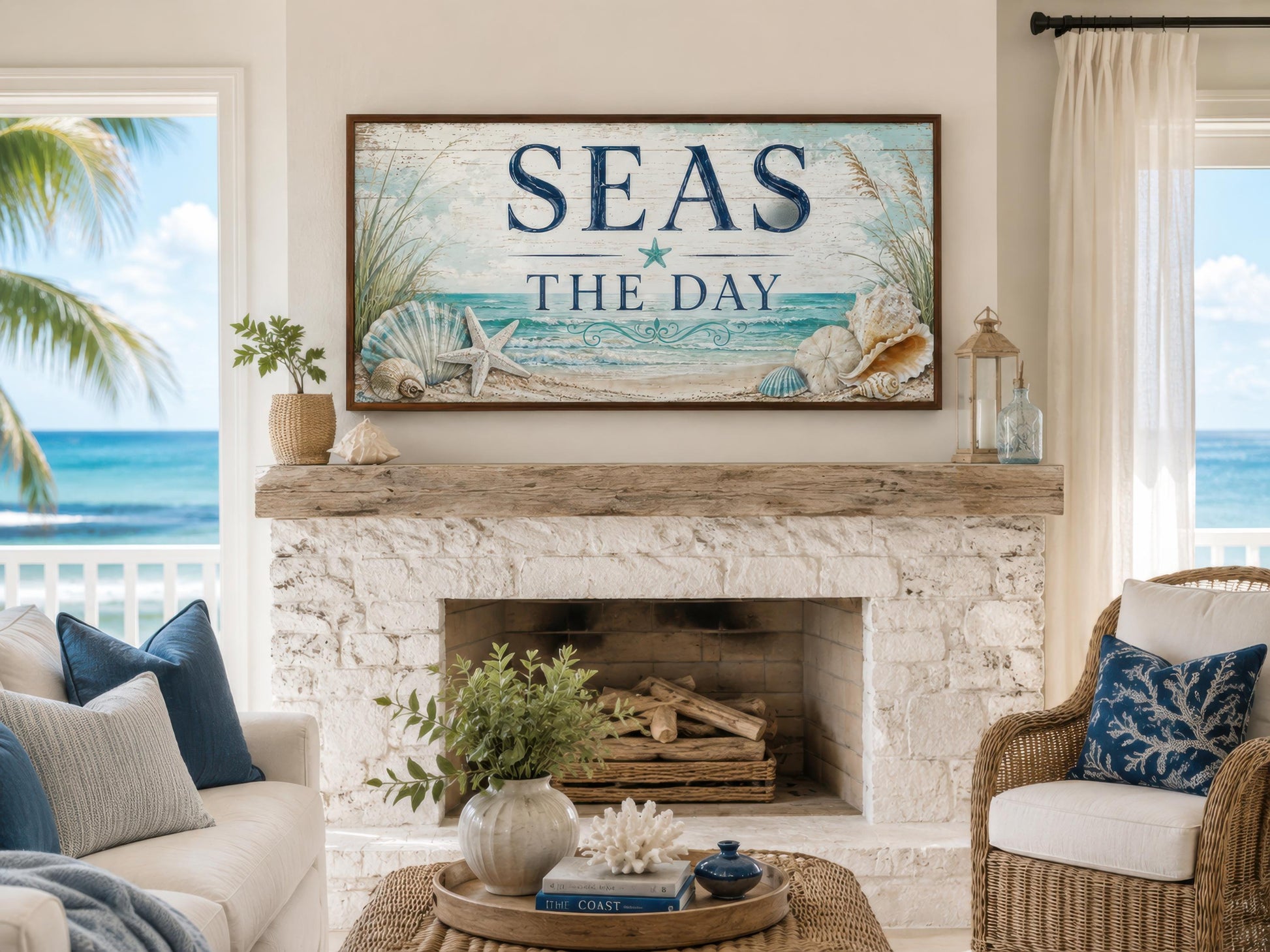 Coastal Wall Art – Seas the Day Canvas Print with Starfish & Seashells for Beach House Decor