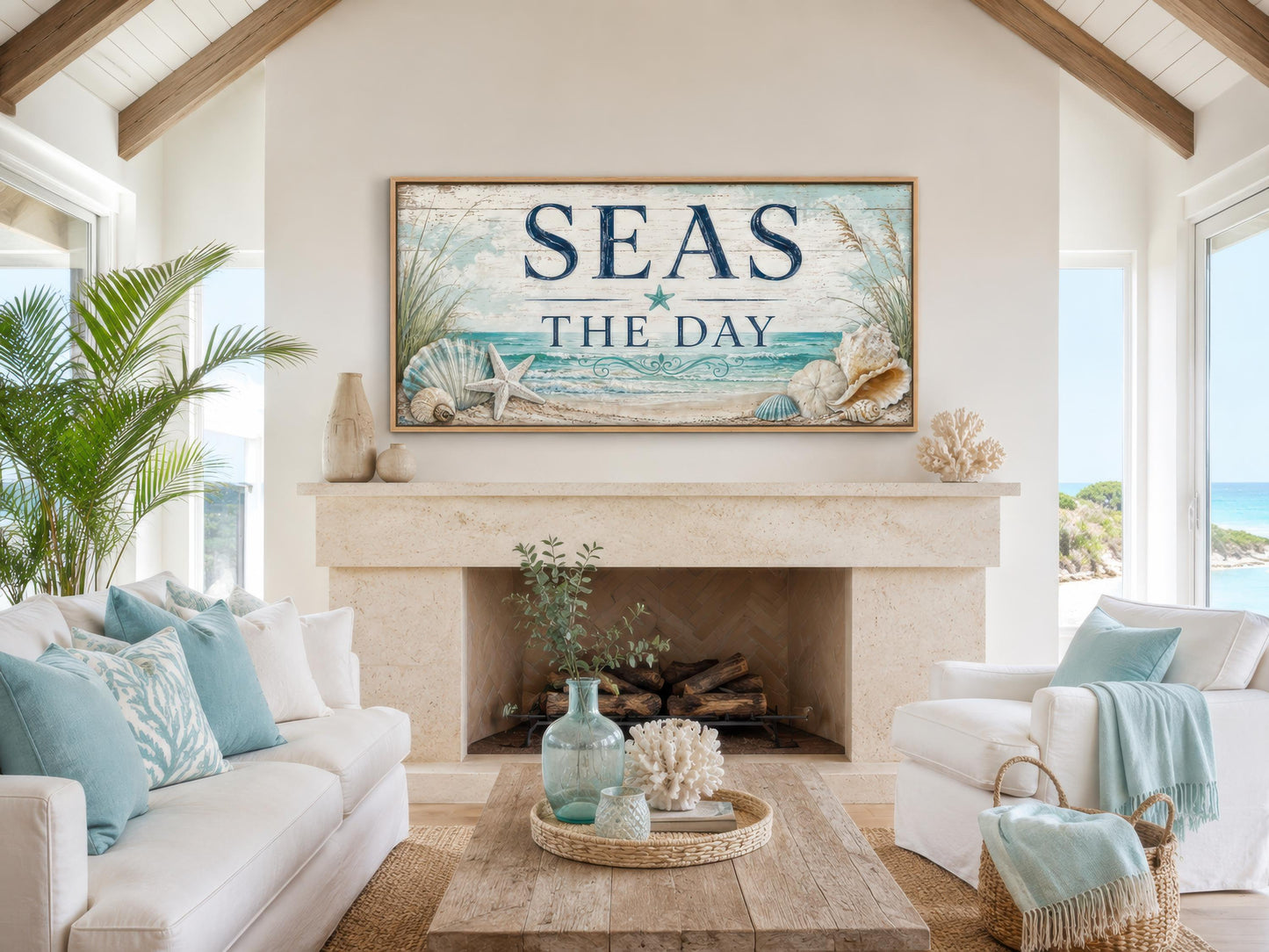 Coastal Wall Art – Seas the Day Canvas Print with Starfish & Seashells for Beach House Decor