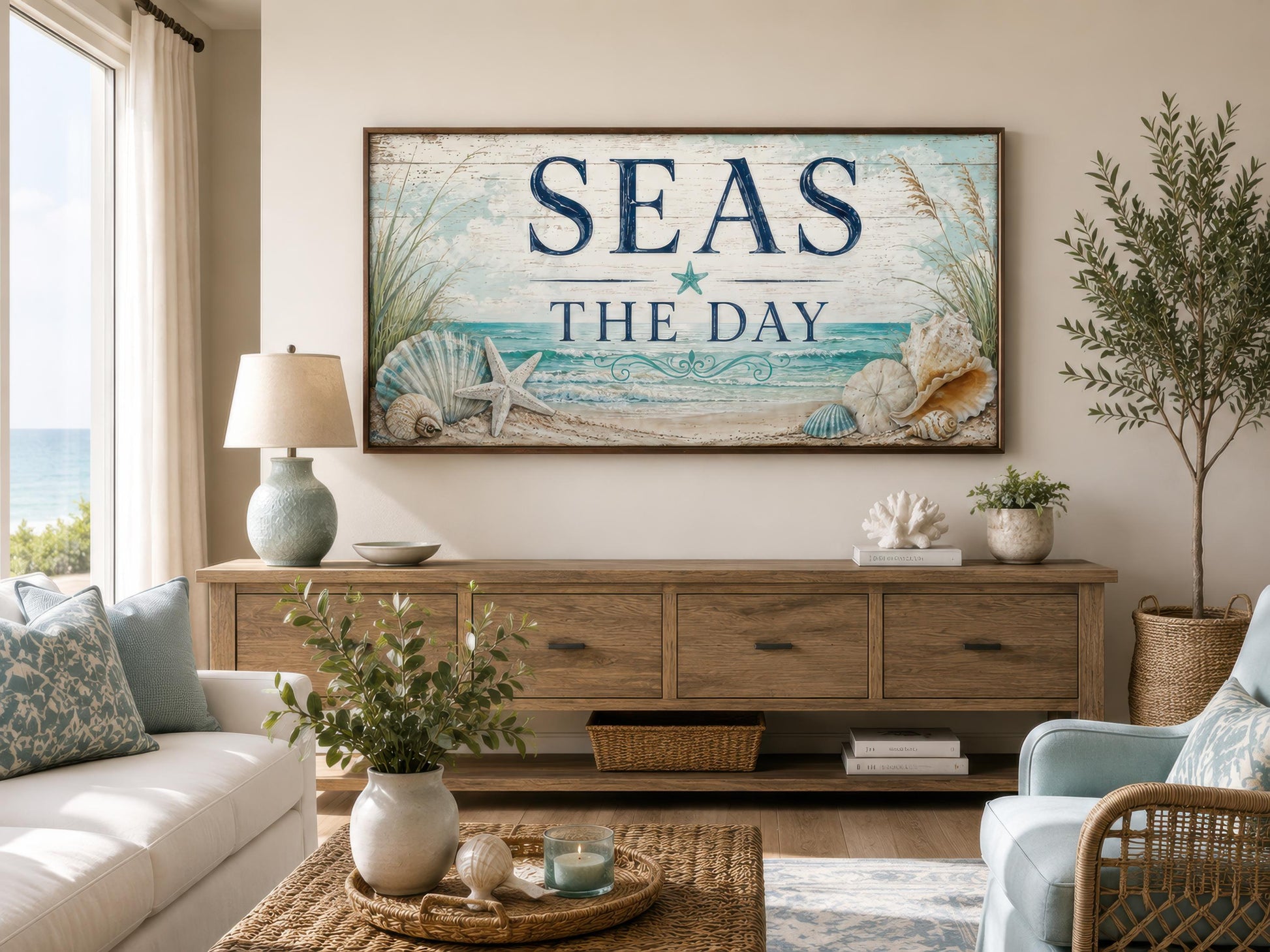 Coastal Wall Art – Seas the Day Canvas Print with Starfish & Seashells for Beach House Decor