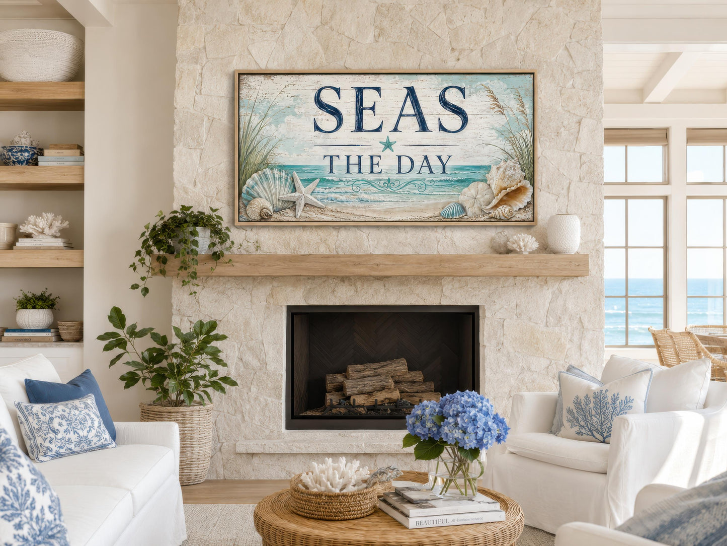 Coastal Wall Art – Seas the Day Canvas Print with Starfish & Seashells for Beach House Decor