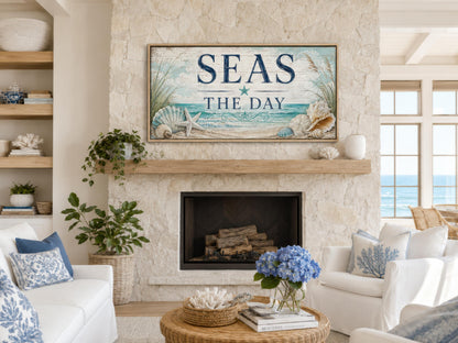 Coastal Wall Art – Seas the Day Canvas Print with Starfish & Seashells for Beach House Decor