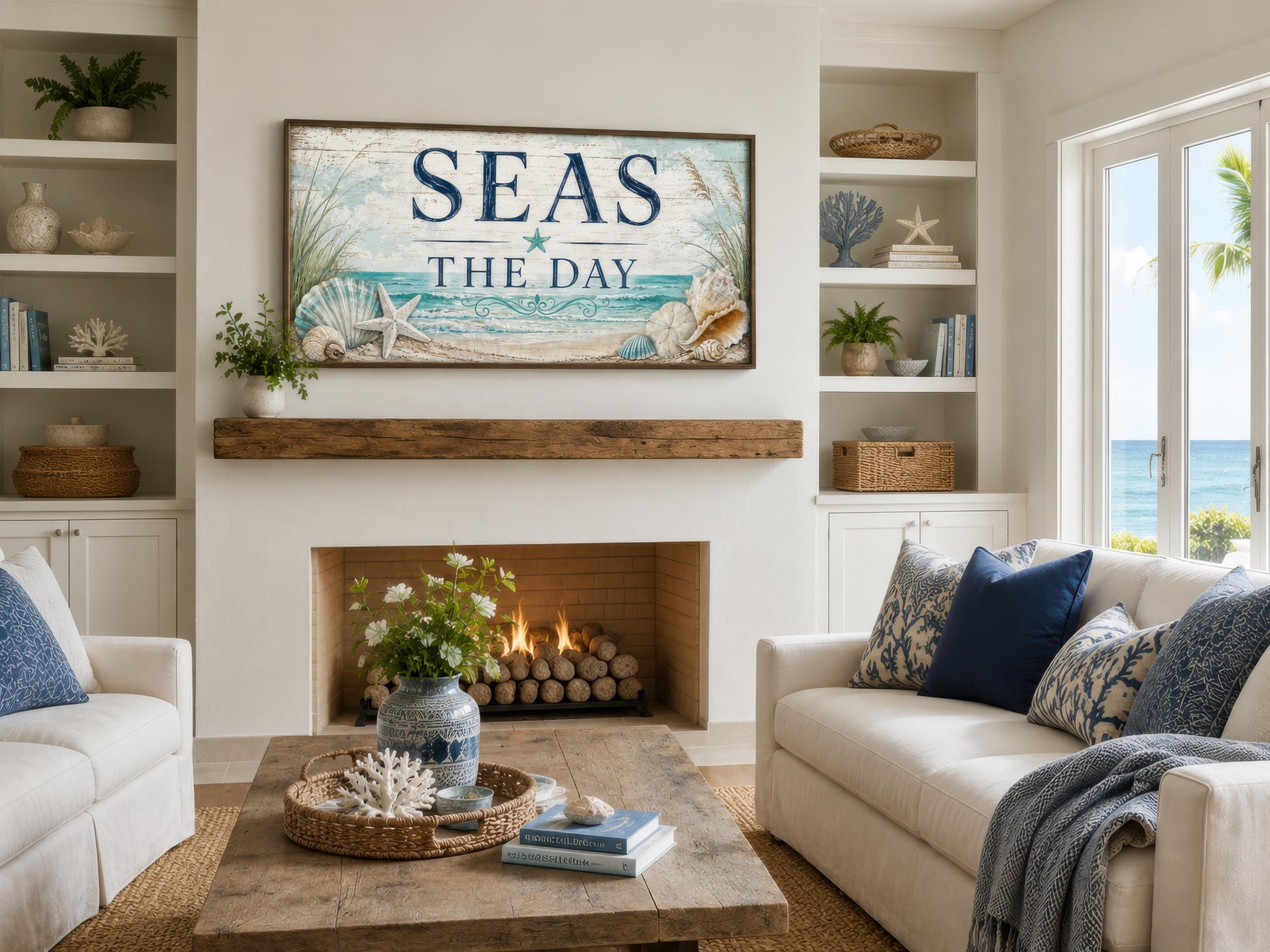 Coastal Wall Art – Seas the Day Canvas Print with Starfish & Seashells for Beach House Decor
