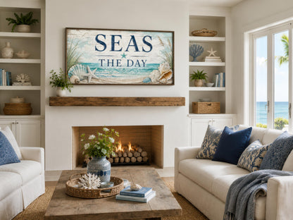Coastal Wall Art – Seas the Day Canvas Print with Starfish & Seashells for Beach House Decor