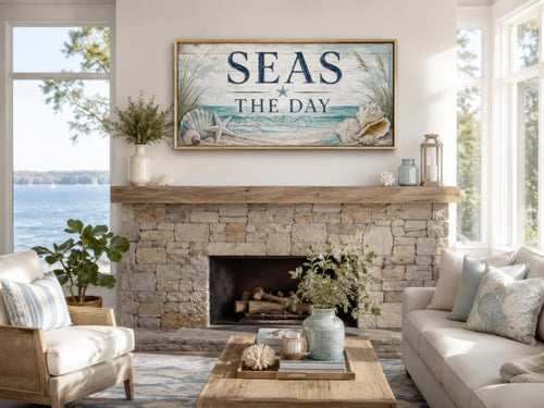 Coastal Wall Art – Seas the Day Canvas Print with Starfish & Seashells for Beach House Decor