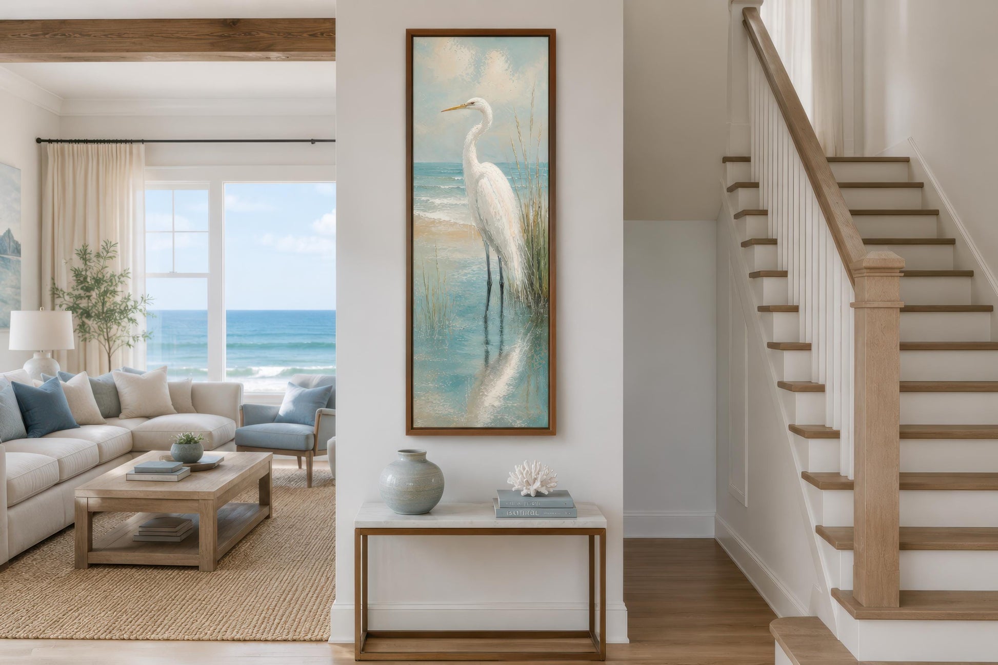 Coastal Wall Art - White Egret Canvas Print | Tall Narrow Vertical Beach House Decor