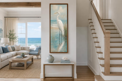Coastal Wall Art - White Egret Canvas Print | Tall Narrow Vertical Beach House Decor
